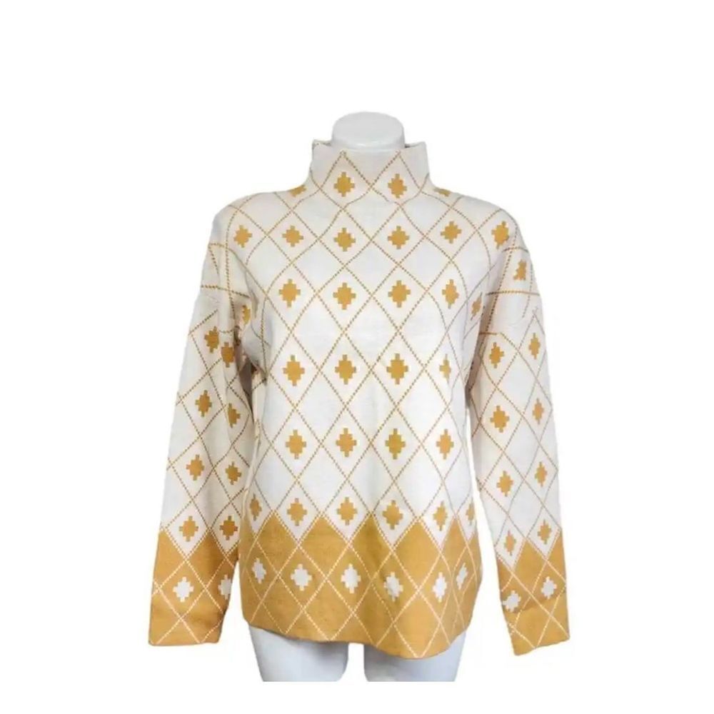Rachel Zoe Funnel Neck Geometric Sweater, M. Mustard and White. Quality